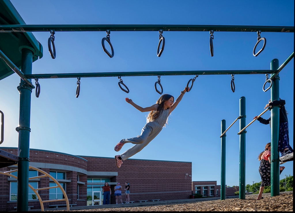 (Rick Egan | The Salt Lake Tribune) Samarra Pearce-Douros plays on the playground at Bluff Ridge Elementary School in Syracuse, on Friday, June 5, 2026.
