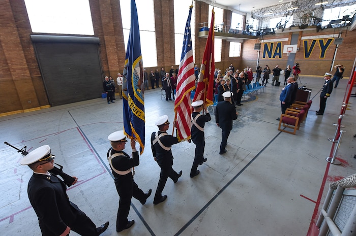 (Francisco Kjolseth  |  The Salt Lake Tribune)  The University of Utah NROTC color guard begins the ceremony to mark the return of the bell from the USS Utah to the Naval Science building, built in 1945, on the University of Utah campus. The USS Utah which saw action in WWI was one of the first ships lost during the attack on Pearl Harbor on Dec. 7, 1941. 