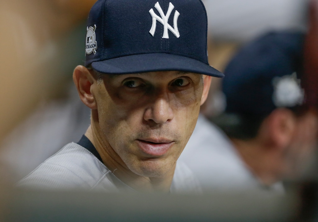 New York Yankees manager Joe Girardi reacts during the fourth inning of Game 1 of baseball's American League Championship Series against the Houston Astros Friday, Oct. 13, 2017, in Houston. (AP Photo/Tony Gutierrez)