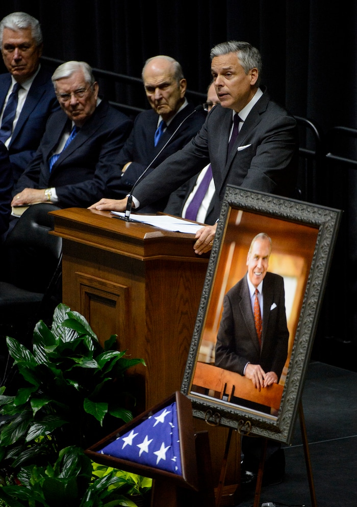 (Steve Griffin  |  The Salt Lake Tribune)  Jon Huntsman Jr. speaks about his father's legacy during funeral services for Jon Huntsman Sr. at the Huntsman Center on the University of Utah campus in Salt Lake City Saturday February 10, 2018.