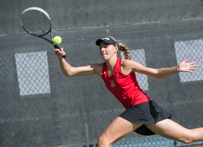 (Rick Egan  |  The Salt Lake Tribune)   Emily Astle, Alta, plays Emma Jewell, Olympus, 	in the 5A State High School tennis championship game. Friday, October 6, 2017.