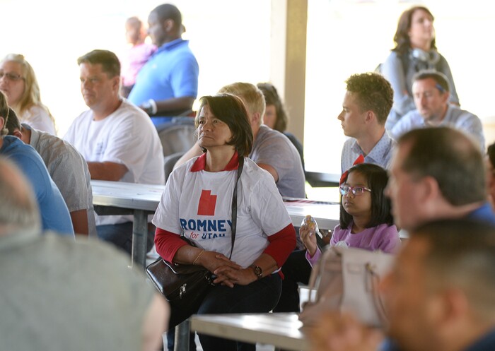 (Francisco Kjolseth | The Salt Lake Tribune) The Romney campaign hosts "Mondays With Mitt" at Veterans Memorial Park in West Jordan on Monday, June 18, 2018 as senate candidate Mitt Romney visits with supporters and takes a few questions with the dozens gathered at the park.