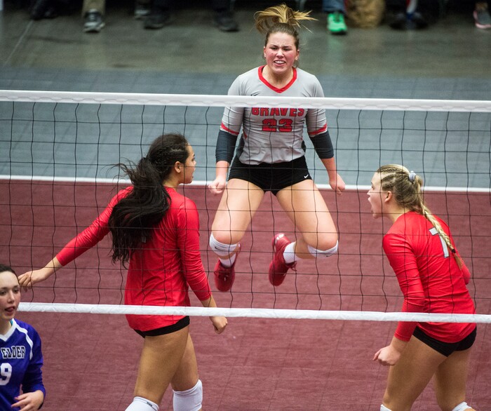 (Rick Egan  |  The Salt Lake Tribune) Bountiful Braves Holland Vande mere (23) celebrates as Bountiful closes in Boxelder in the second match, in 5A volleyball championship game, Bountiful vs. Box Elder, at Utah Valley University, Saturday, November 4, 2017.