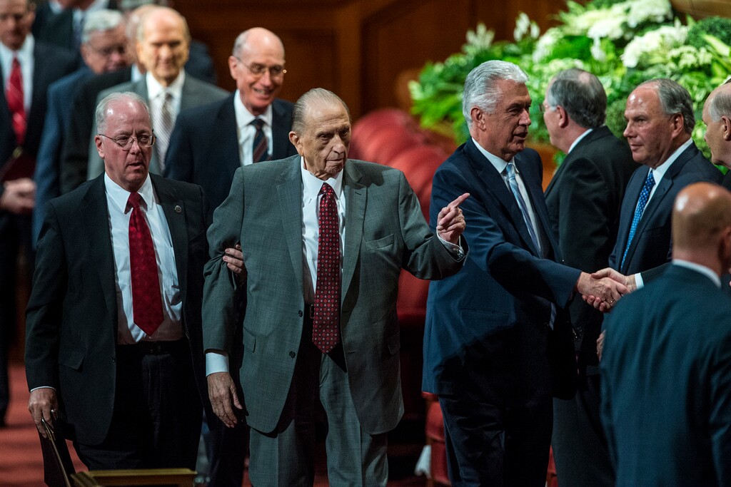 Chris Detrick  |  The Salt Lake Tribune
President Thomas S. Monson leaves after the morning session of the 187th Annual General Conference at the Conference Center in Salt Lake City on Saturday, April 1, 2017.