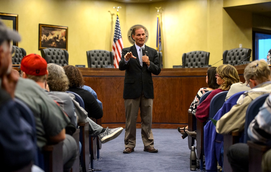 (Steve Griffin  |  The Salt Lake Tribune) Rep. Chris Stewart, R-Utah, makes his opening remarks during his town hall meeting at the West Valley City Hall in West Valley City Wednesday May 2, 2018.