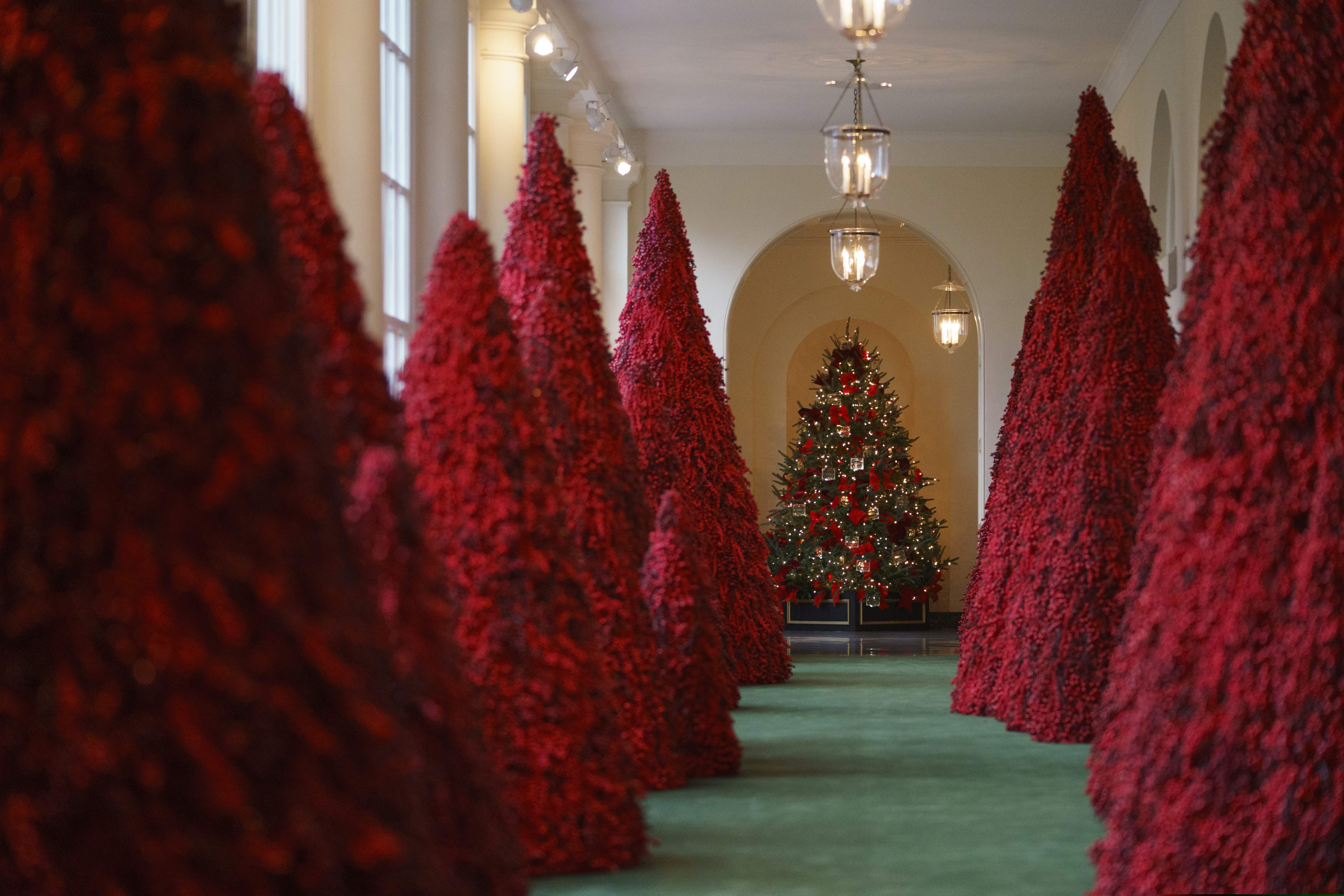 Topiary trees line the East colonnade during the 2018 Christmas Press Preview at the White House in Washington, Monday, Nov. 26, 2018. Christmas has arrived at the White House. First lady Melania Trump unveiled the 2018 White House holiday decor on Monday. She designed the decor, which features a theme of "American Treasures." (AP Photo/Carolyn Kaster)