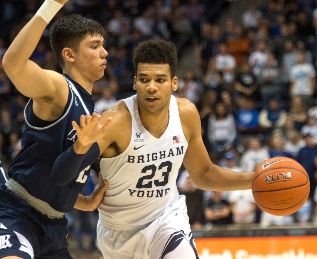 (Rick Egan  |  The Salt Lake Tribune) Brigham Young Cougars forward Yoeli Childs (23) takes the ball to the hoop, in basketball action between Brigham Young Cougars and Rice Owls, at the Marriott Center in Provo, Wednesday, Nov. 21, 2018.