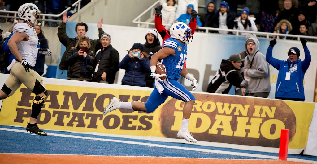(Jeremy Harmon  |  The Salt Lake Tribune) Brigham Young Cougars wide receiver Aleva Hifo (15) runs into the end zone for a touchdown as BYU faces the Western Michigan Broncos in the Famous Idaho Potato Bowl in Boise, Idaho, on Friday, Dec. 21, 2018.