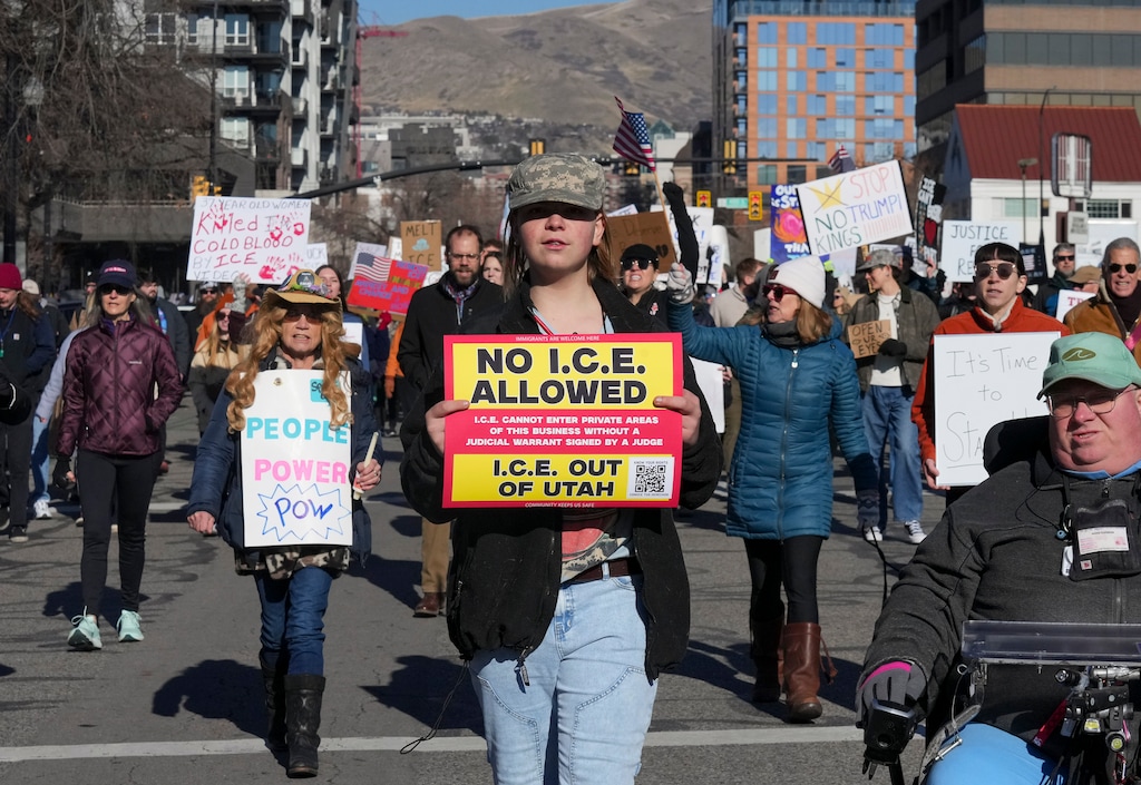 (Bethany Baker  |  The Salt Lake Tribune) Demonstrators march in Salt Lake City during an "Ice out for Good" protest on Saturday, Jan. 10, 2026.