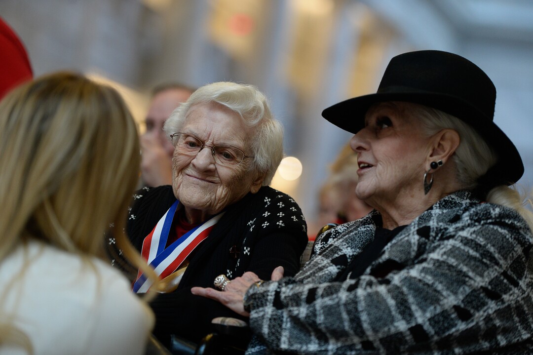 (Francisco Kjolseth  |  The Salt Lake Tribune)  Donna Mecham, 101, who served in North Africa and Italy from 1943 until the end of WWII is joined by her daughter Cheryl Macham during a veterans centenarian celebration honoring 99-year-old and older military vets at the State Capitol Rotunda on Tuesday, Nov. 5, 2019.