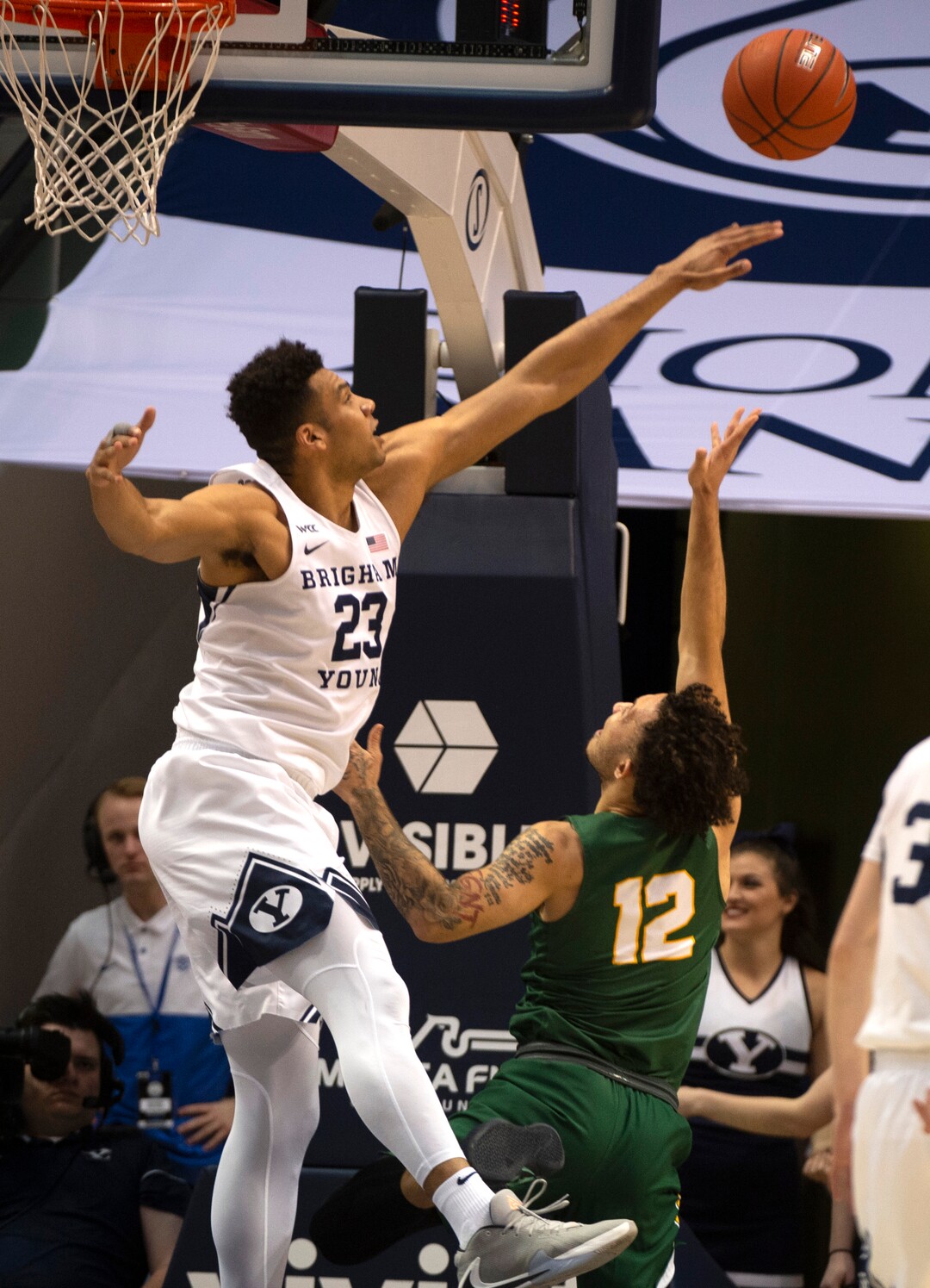 (Rick Egan  |  The Salt Lake Tribune)    Brigham Young Cougars forward Yoeli Childs (23) blocks a shot by San Francisco Dons guard Trevante Anderson (12), in WCC basketball acton between the Brigham Young Cougars and the San Francisco Dons, at the Marriott Center, Saturday, Feb. 8, 2020.