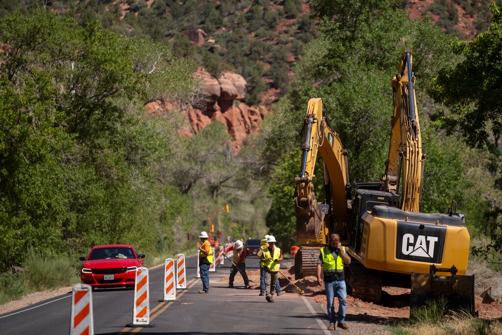 (Rick Egan | The Salt Lake Tribune) Sewer line construction at Zion National Park on Tuesday, August 12, 2025.

