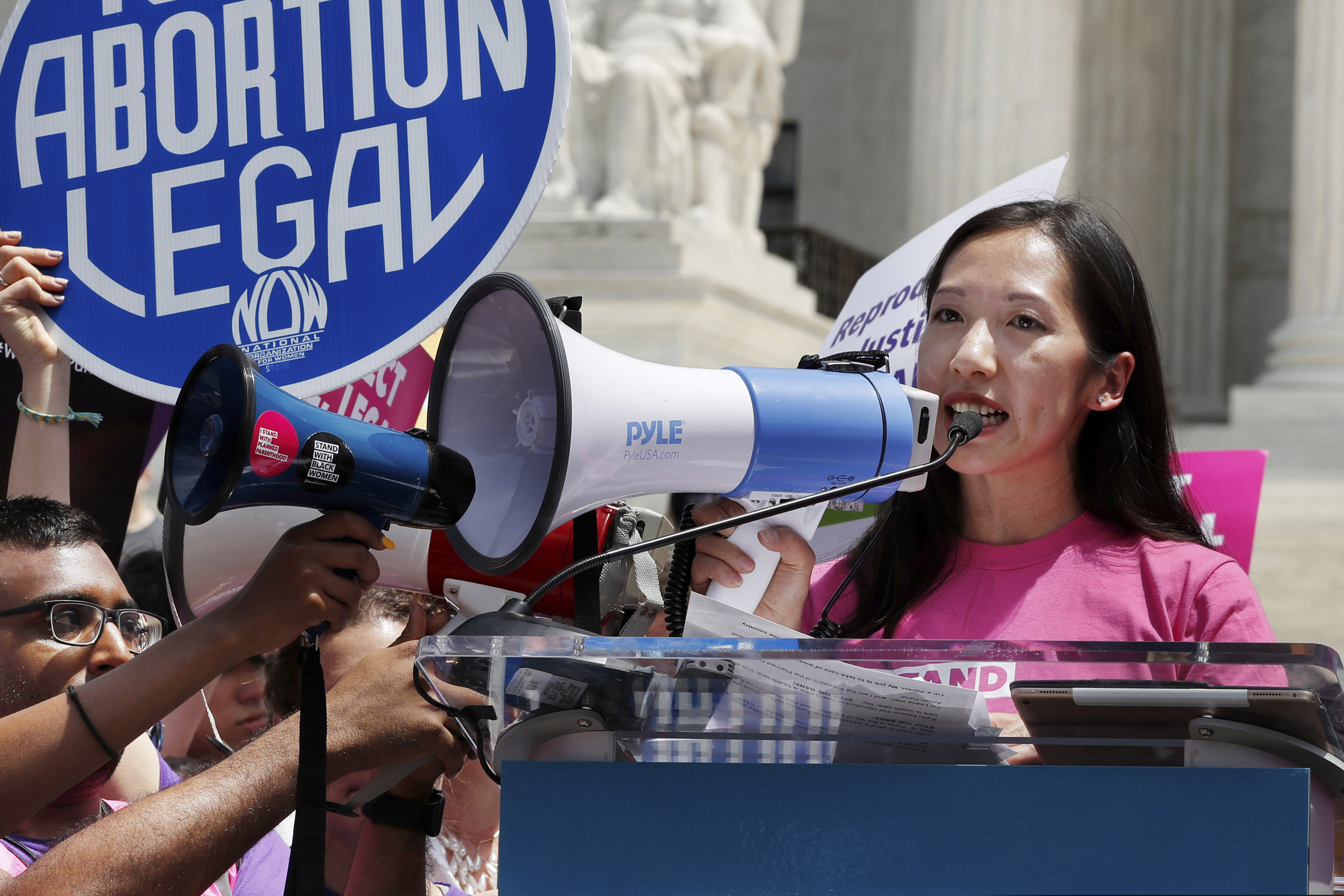 FILE - In this Tuesday, May 21, 2019 file photo, Planned Parenthood President Leana Wen speaks during a protest against abortion bans outside the Supreme Court in Washington. On Tuesday, July 16, 2019, Wen, who became the president in November 2018, was forced out of her job. In a statement posted on Twitter, she said she had "philosophical differences" with the new chairs of Planned Parenthood's board regarding abortion politics. (AP Photo/Jacquelyn Martin)