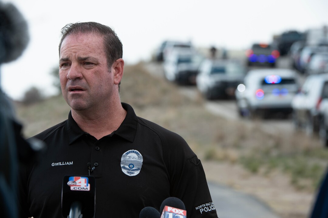(Francisco Kjolseth  | The Salt Lake Tribune) Sergeant Mitch Gwilliams with North Salt Lake Police gives an update to a call involving a man driving erratically and claiming to have a gun and a bomb as an initial police chase comes to and end on Center Street over Legacy Highway on Wednesday, March 17, 2021, with no major injuries.