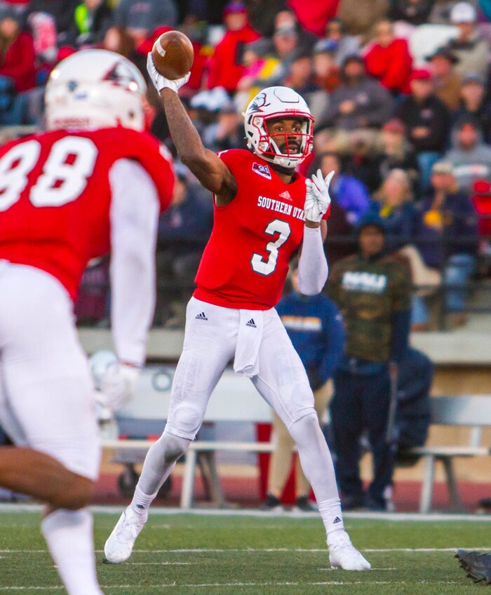 Southern Utah quarterback Patrick Tyler (3) attempts a pass against Northern Arizona during an NCAA college football game Saturday, Nov. 18, 2017, in Cedar City, Utah. Southern Utah defeated Northern Arizona 48-20 to claim a share of the Big Sky Conference title. (Jordan Allred/The Spectrum via AP)