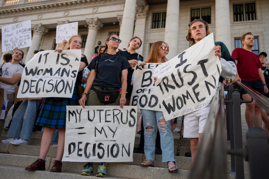 (Trent Nelson  |  The Salt Lake Tribune) People gather at the State Capitol in Salt Lake City to protest after the U.S. Supreme Court overturned Roe v. Wade, on Friday, June 24, 2022.