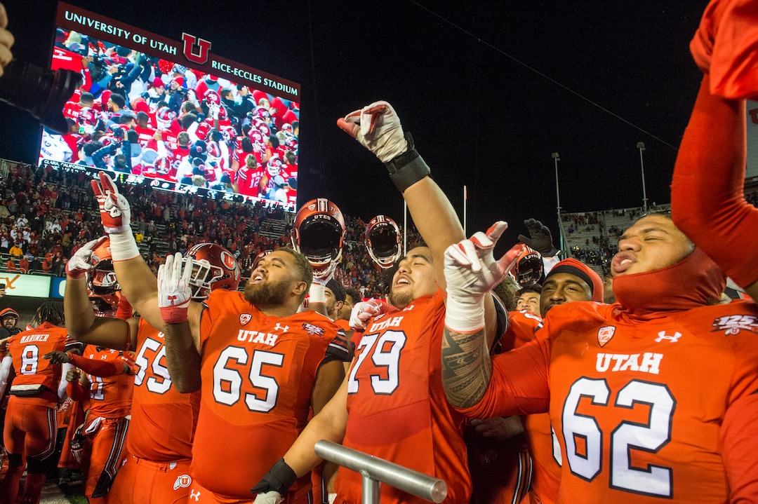 (Rick Egan  |  The Salt Lake Tribune)        Utah Utes celebrate their 35-27, win over the Brigham Young Cougars, in football action between the Brigham Young Cougars and the Utah Utes, at Rice-Eccles Stadium, Saturday, November 24, 2018.
