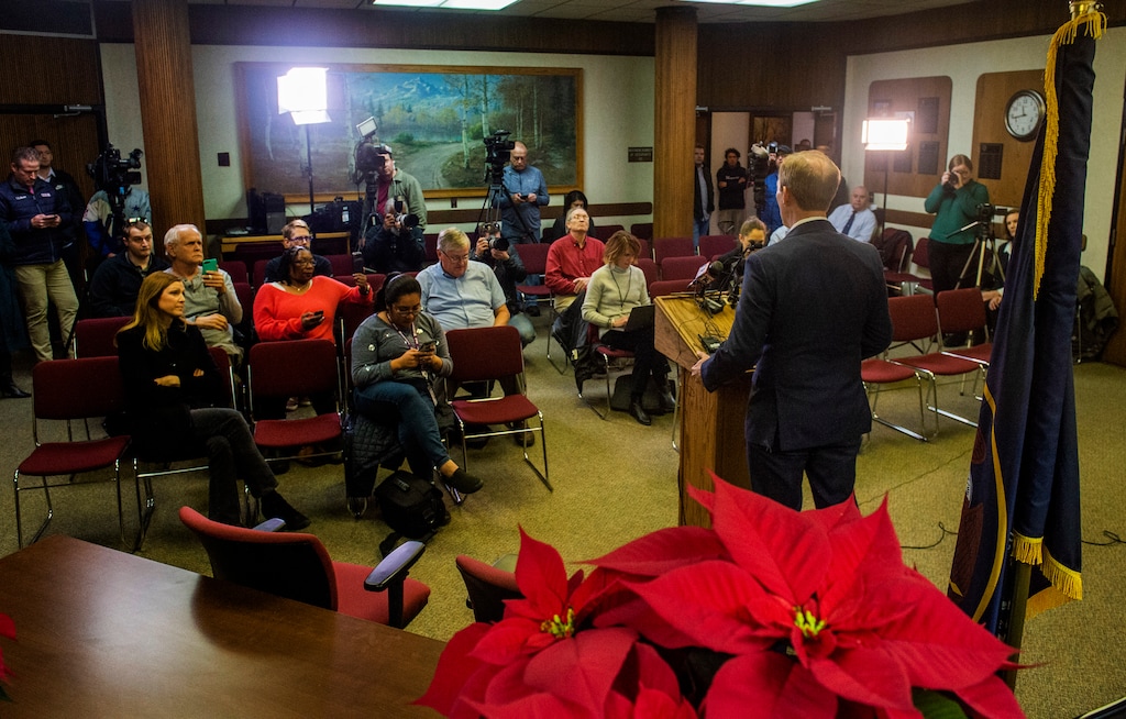 (Rick Egan  |  The Salt Lake Tribune) Ben McAdams announces during a news conference at Murray City Hall on Monday, Dec. 16, 2019,
 that he will vote "yes" on the House impeachment vote.