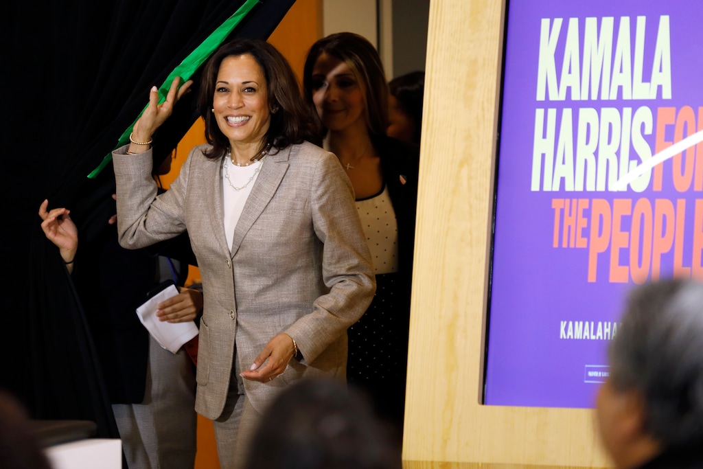 Democratic presidential candidate Sen. Kamala Harris, D-Calif., arrives at a Women of Color roundtable discussion, Tuesday, July 16, 2019, in Davenport, Iowa. (AP Photo/Charlie Neibergall)