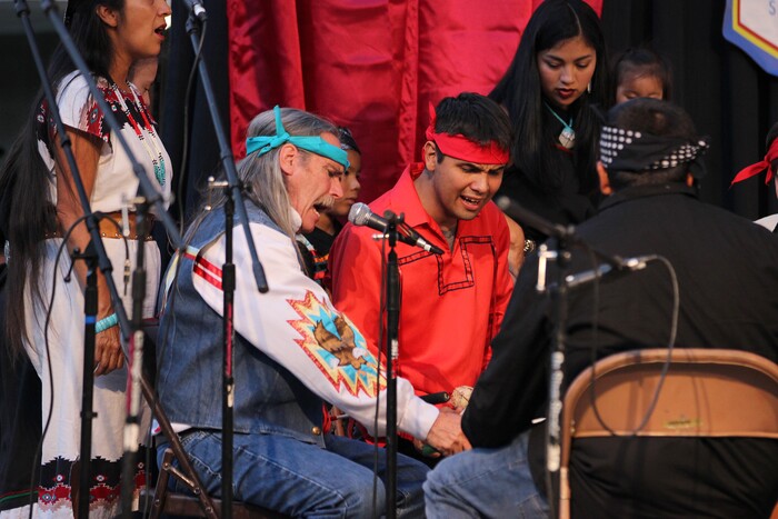 (Daniel Carde | for The Salt Lake Tribune) Morning Star performers sing and drum at the World Folkfest at the Springville Arts Park, Springville, Thursday, Aug. 1, 2018.