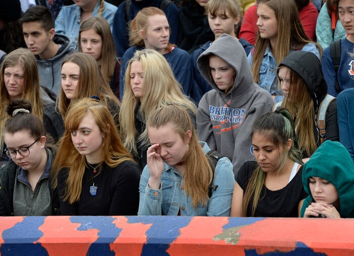 Scott Sommerdorf | The Salt Lake Tribune
Students at Brighton High observe a minute of silence for each of the 17 students and staff killed at Marjory Stoneman Douglas High School, during their walkout at Brighton High School, Wednesday, March 14, 2018.
