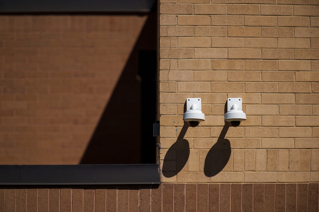 (Trent Nelson | The Salt Lake Tribune) Security cameras at West High School in Salt Lake City on Wednesday, Aug. 16, 2023. About $72 million was doled out to different Utah schools this year to help finance critical security improvements, among other school safety initiatives.