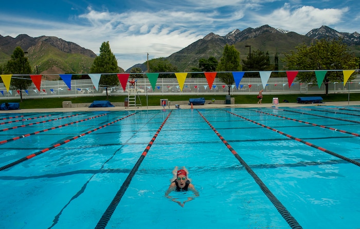 (Rick Egan  |  The Salt Lake Tribune)       Kim Johnson swims laps at the Cottonwood Heights Recreation Center, Saturday, May 16, 2020.