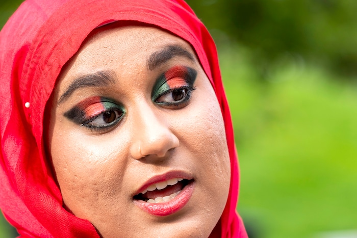 (Rick Egan | The Salt Lake Tribune) 
Shubaiyra Aminzada talks about her relatives in Afghanistan, as she gathers at Murray Park for a prayer vigil in honor of UtahÕs Afghan refugees, onSaturday, Aug. 21, 2021.
