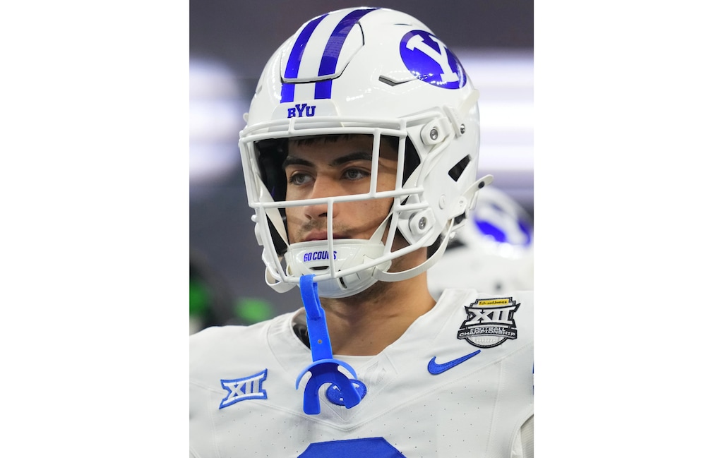 (Julio Cortez | AP) BYU wide receiver Tei Nacua (0) looks on during the Big 12 Conference championship NCAA college football game between Texas Tech and BYU Saturday, Dec. 6, 2025, in Arlington, Texas.