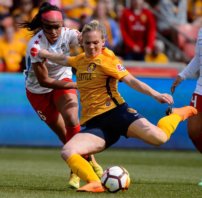 (Trent Nelson | The Salt Lake Tribune)  
Utah Royals FC hosts the Chicago Red Stars, at Rio Tinto Stadium in Sandy, Saturday April 14, 2018. Utah Royals FC forward Amy Rodriguez (8) shoots, with Chicago Red Stars defender Samantha Johnson (16) defending.