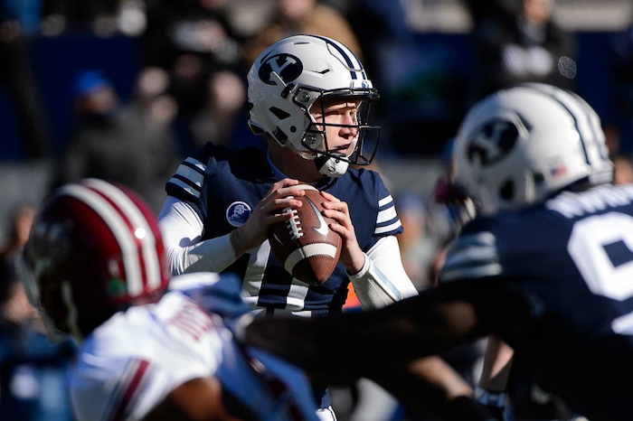 (Trent Nelson | The Salt Lake Tribune)  Brigham Young Cougars quarterback Joe Critchlow (11) as BYU hosts the University of Massachusetts, NCAA football in Provo, Saturday November 18, 2017.