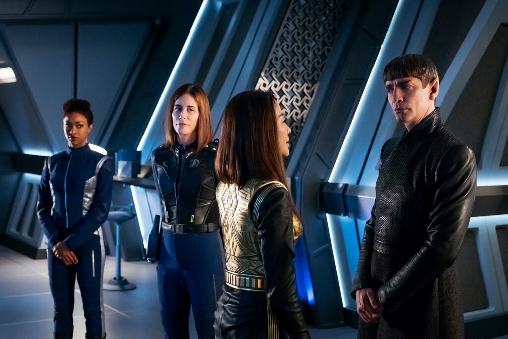 (Photo courtesy of Jan Thijs/CBS) Sonequa Martin-Green as Michael Burnham, Jayne Brook as Admiral Cornwell, Michelle Yeoh as Philippa Georgiou and James Frain as Ambassador Sarek in “Star Trek: Discovery.”