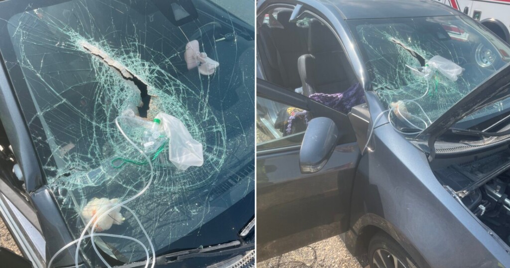 (Utah Highway Patrol) Photos show aftermath of US-189 accident near Deer Creek Reservoir where passenger was impaled by rebar pipe on Monday, September 8, 2025.