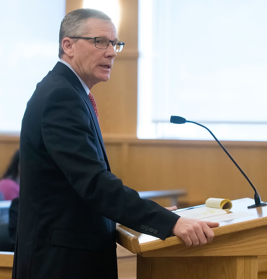 (Eli Lucero  |  Herald Journal, pool) Prosecuting attorney James Swink speaks during Colter Peterson's sentencing hearing for attempted aggravated murder and robbery, Thursday, Feb. 1, 2018, in Logan, Utah. Peterson received a sentence of 15 years to life for shooting Deserae Turner in February 2017, and leaving her for dead in a dry irrigation canal in Smithfield, Utah.