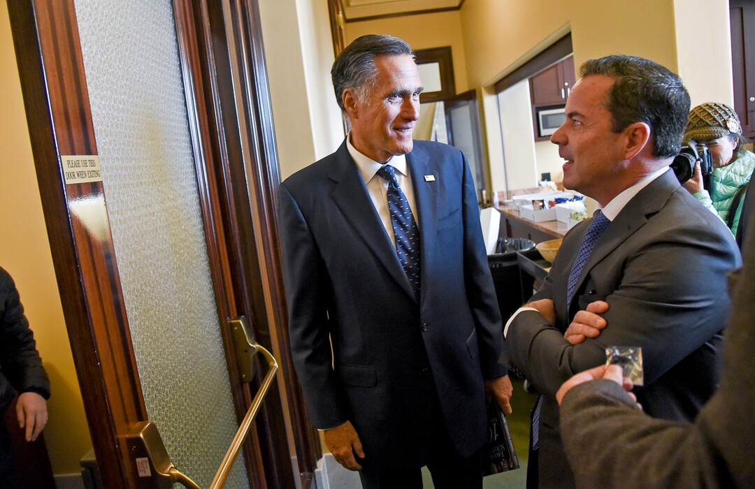 (Francisco Kjolseth  |  The Salt Lake Tribune)  Sen. Mitt Romney speaks with Speaker of the House Brad Wilson, R-Kaysville, during a series of meetings with state lawmakers at the Utah Capitol on Thursday, Feb. 21, 2019.