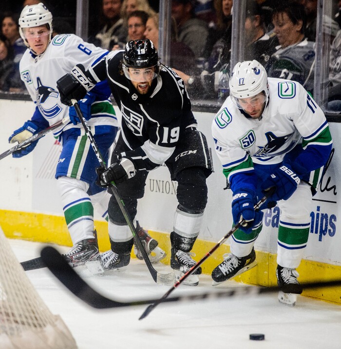 (Trent Nelson  |  The Salt Lake Tribune)  Vancouver Canucks right wing Brock Boeser (6), Los Angeles Kings left wing Alex Iafallo (19), Vancouver Canucks left wing Josh Leivo (17) as the Los Angeles Kings face the Vancouver Canucks, NHL hocket in Salt Lake City on Saturday Sept. 21, 2019.