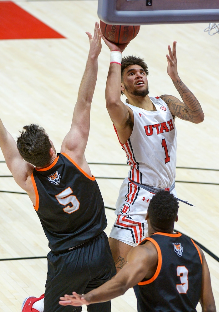 (Leah Hogsten  |  The Salt Lake Tribune) Utah Utes forward Timmy Allen (1) had 11 points, 4 rebounds and 3 assists during the Utes NCAA basketball matchup against Idaho State, Tuesday, Dec. 8, 2020 at the Jon M. Huntsman Center. Utes defeated Idaho State 75-59.