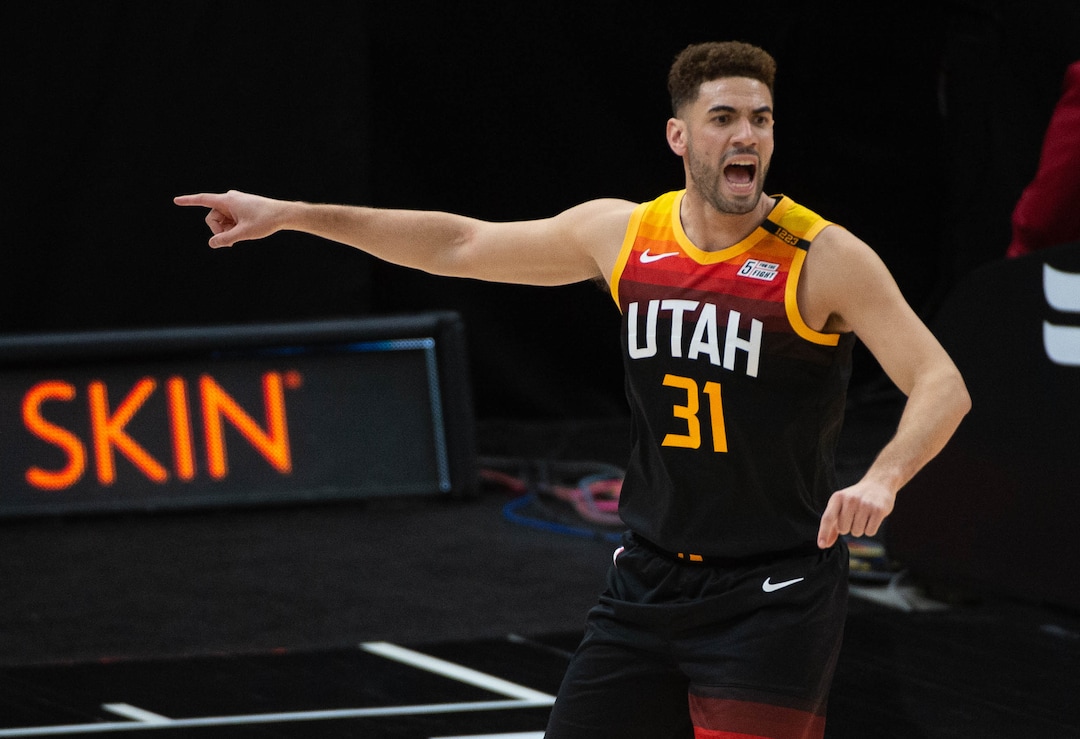 (Francisco Kjolseth  | The Salt Lake Tribune) Utah Jazz forward Georges Niang (31) gets his teammates attention as the Utah Jazz take on the Miami Heat at Vivint Smart Home Arena in Salt Lake City, on Saturday, Feb. 13, 2021.