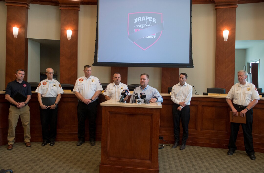 (Rick Egan  |  The Salt Lake Tribune)         Draper City Mayor, Troy Walker, speaks at a news conference at Draper City Hall about Matt Burchett, 42, who died fighting wildfires in California. Tuesday, Aug. 14, 2018.