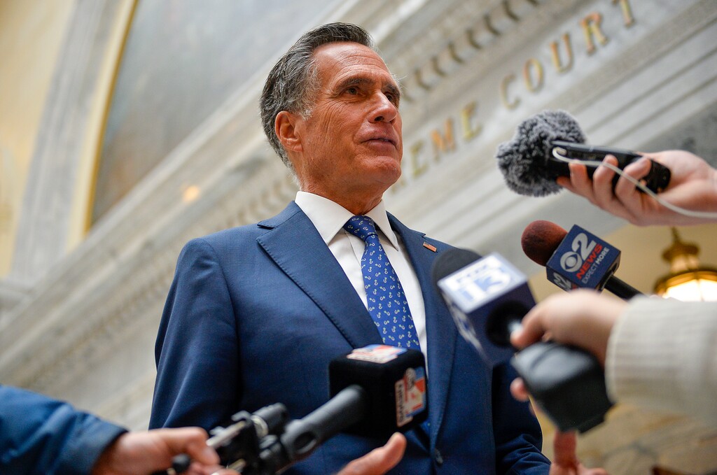 (Chris Samuels | The Salt Lake Tribune) U.S. Sen. Mitt Romney speaks to media after a visit to the Utah Capitol in Salt Lake City, Tuesday, Feb. 21, 2023.