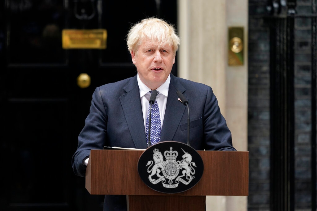 (Alberto Pezzali | AP) 

British Prime Minister Boris Johnson speaks to media next to 10 Downing Street in London, Thursday, July 7, 2022.