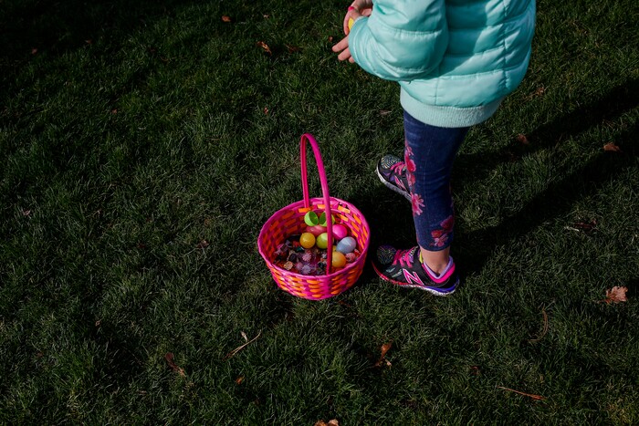 (Nicole Boliaux | For The Tribune) Marina Rogers gathers Easter eggs during the annual Easter egg hunt put on by A Kid's Place Dentistry in Liberty Park in Salt Lake City on Saturday, March 31, 2018.