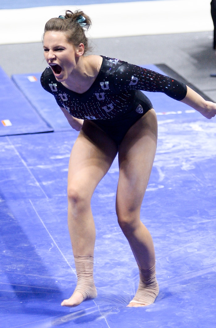 (Leah Hogsten  |  The Salt Lake Tribune)   Missy Reinstadtler performed a 9.925 on the beam. The fourth-ranked Utes compete against No. 9 California, No. 16 Auburn, No. 21 Brigham Young, Stanford and Southern Utah, during the the NCAA Regional Championships, Saturday, April 7, 2018 at the Huntsman Center. The top two teams advance to the NCAA Championships April 20-21 in St. Louis.