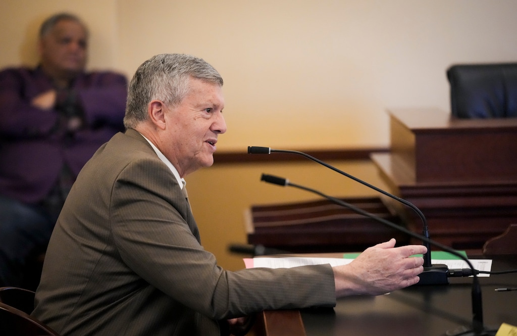 (Bethany Baker | The Salt Lake Tribune) Sen. Wayne Harper, R-Taylorsville, presents SB195 before the House Transportation Committee at the Utah Capitol in Salt Lake City on Thursday, Feb. 27, 2025.