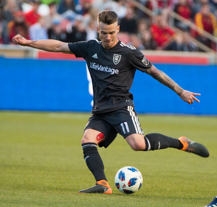 (Rick Egan  |  The Salt Lake Tribune) Real Salt Lake midfielder Albert Rusnak (11) kicks the ball, in MLS soccer action, between Real Salt Lake and Colorado Rapids,  at Rio Tinto Stadium, Saturday, April 21, 2018.


