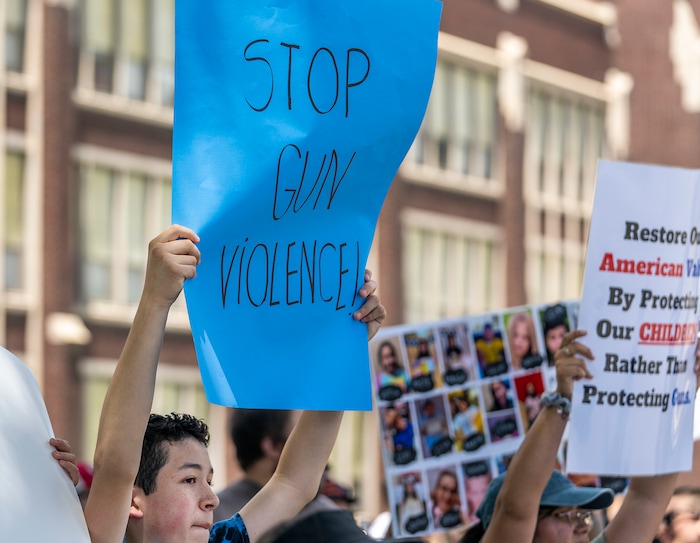 (Leah Hogsten | The Salt Lake Tribune) Hundreds of Utahns marched from West High School to the Capitol, Saturday, June 11, 2022, during the March For Our Lives SLC event. The march is in response to the most recent shootings in Uvalde, Buffalo and Tulsa to demand action from Utah legislators and congressmen to enact gun safety laws.