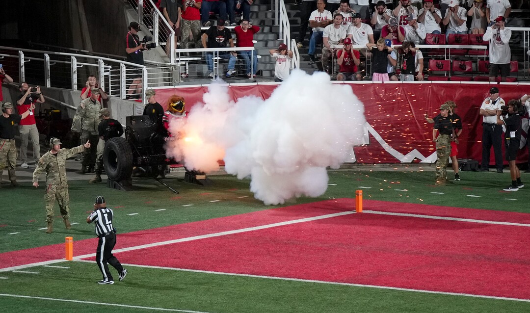 (Bethany Baker  |  The Salt Lake Tribune) Army ROTC cadets shoot a ceremonial cannon following a Utah Utes touchdown during the second half of the game between the Utah Utes and the Idaho Vandals at Rice-Eccles Stadium in Salt Lake City on Thursday, Sept. 3, 2026.
