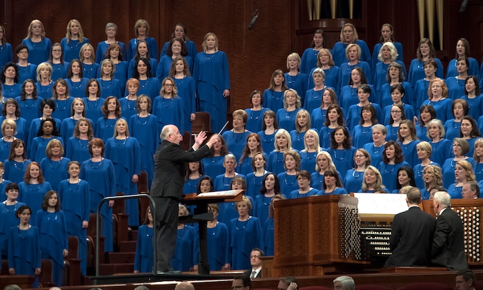 (Rick Egan  |  The Salt Lake Tribune)         The Mormon Tabernacle Choir sings in the Saturday morning session of the188th Annual General Conference in Salt Lake City,  Saturday, March 31, 2018.