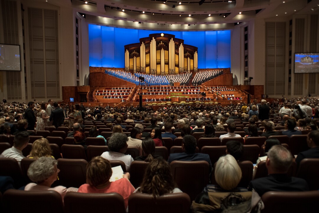 (Rick Egan  |  The Salt Lake Tribune)         The Mormon Tabernacle Choir sings in the Saturday morning session of the188th Annual General Conference in Salt Lake City,  Saturday, March 31, 2018.