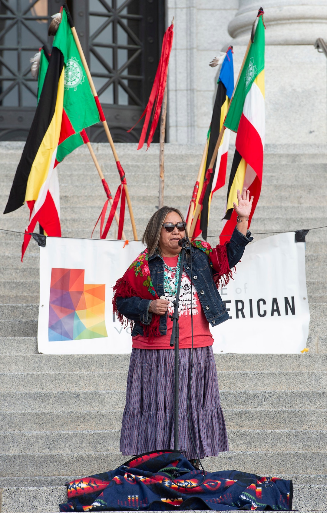 (Rick Egan  |  The Salt Lake Tribune)    Eileen Quintana says a prayer as Native Americans and their supporters gather on the steps of the Utah State Capitol for a rally to oppose a resolution that would discourage the removal of Native American names or symbols from school mascots, Saturday, Jan. 25, 2020.